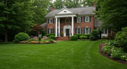 Obraz premium Elegant brick home with manicured lawn and flowerbeds