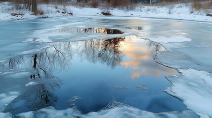 Ice-covered river reflecting a winter sky.