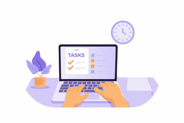 Hands typing on laptop with tasks list and clock symbolizing time management