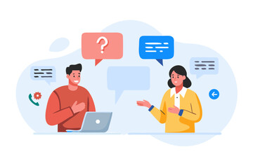 Two people communicating with speech bubbles and a laptop computer