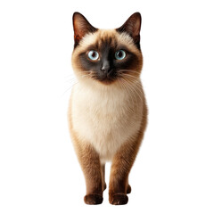 Siamese cat standing upright gazing directly forward with striking blue eyes isolated on transparent background. PNG die-cut for advertising