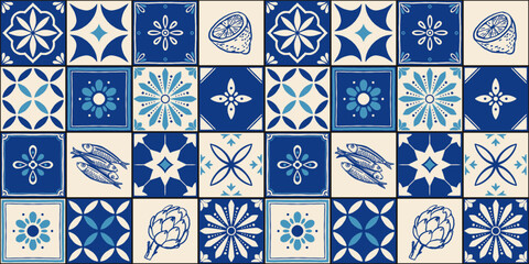 Obraz na płótnie Canvas Mediterranean ceramic tiles seamless pattern. Azulejo arabesque. Portuguese, Spanish, Turkish, Indian, Islamic, Arabic decor. Geometrical and floral traditional national ornament. Vector illustration.