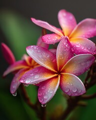Beautiful pink flowers with raindrops. Tropical flower in rainy season