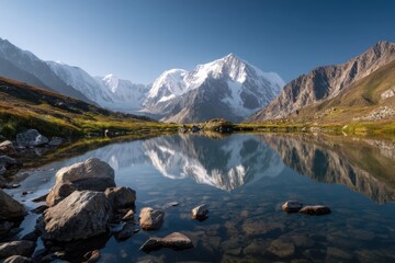 Mount belukha mirrored in serene lake equilibrium amidst breathtaking alpine vistas, perfect for travel aficionados and nature lovers in search of captivating landscapes