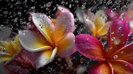 Colorful flowers drenched in rain droplets. Tropical flower in rainy season
