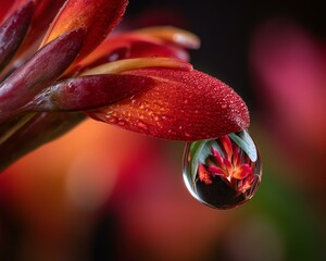 Close-up of flower petal with water droplet. Tropical flower in rainy season