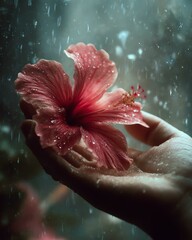 A delicate hibiscus flower in gentle rain. Tropical flower in rainy season
