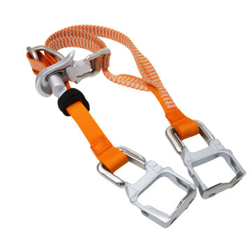 Isolated fall arrest safety lanyard with shock absorber, carabiners, and bright webbing, realistic construction safety gear on transparent background
