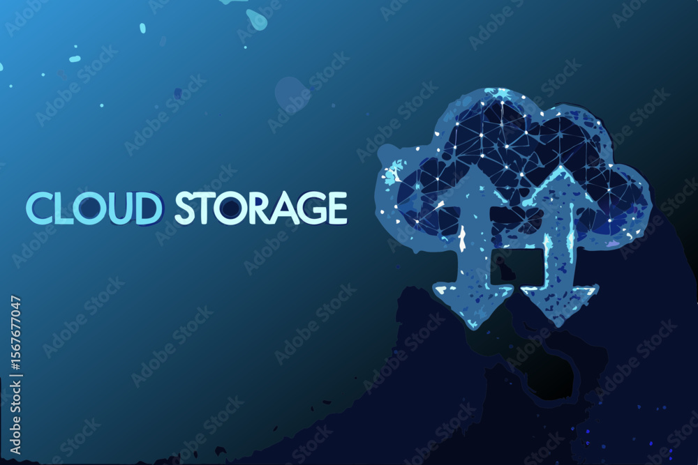 Poster digital cloud storage concept with data transfer arrows and network connections