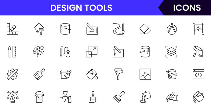 Design Tools Vector line icon collection showcasing creative tools including brushes, pencils, palettes, design software, and editing gear ideal for artistic and design platforms. - Powered by Adobe