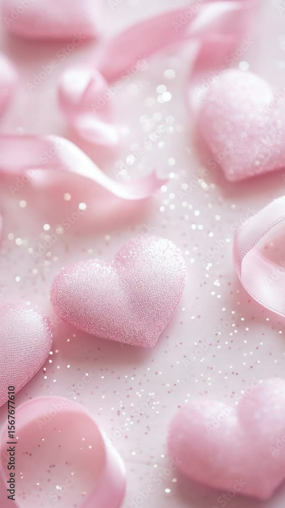 Poster close-up view of a cluster of pink hearts arranged on a table surface