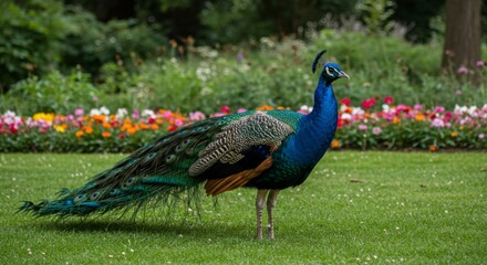Obraz premium Majestic peacock in a garden setting