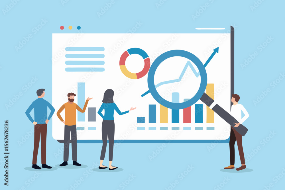 Poster team analyzing financial data and charts on a large screen with a magnifying glass