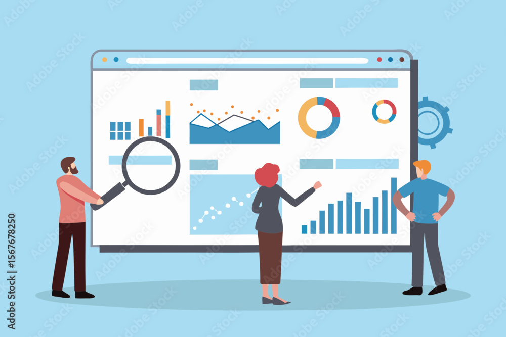 Poster team analyzing business data and charts on a large digital screen
