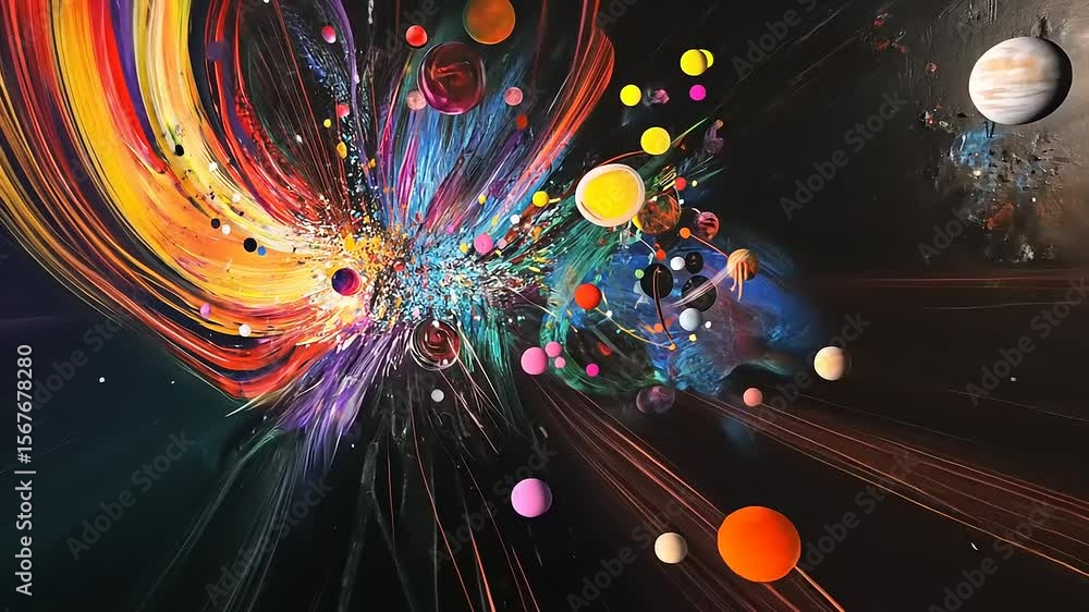 Poster vibrant abstract explosion of colors with cosmic elements and dynamic movement in a dark space