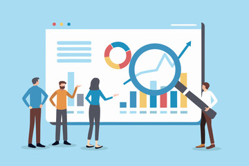 Team analyzing financial data and charts on a large screen with a magnifying glass