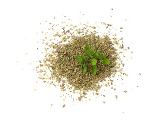 Dry thyme isolated, dried marjoram, oregano pile, ground crushed thyme seasoning, thyme leaves