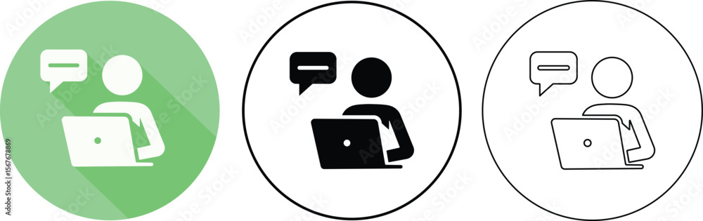 Poster person using laptop and chat bubble icon in three different design styles