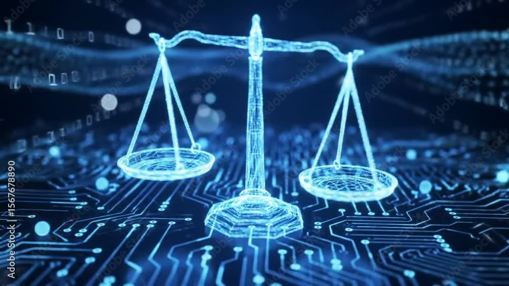 Poster blue digital scales of justice over motherboard with binary code and dark background
