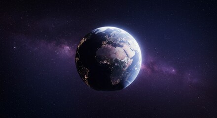 Obraz premium A stunning visual showcases Earth from space against a vibrant starry backdrop with glowing city lights