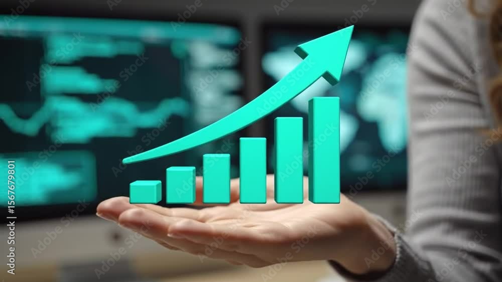 Poster hand holding a rising turquoise bar graph with financial charts and world map on computer screen for
