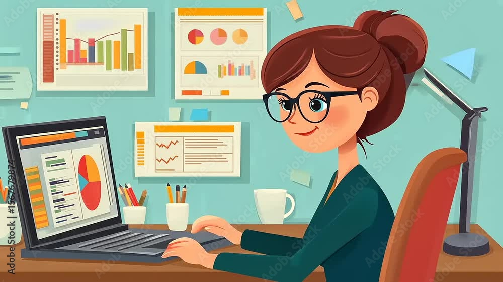 Aufkleber woman analyzing data on a laptop in a bright office with charts and graphs displayed in the backgrou