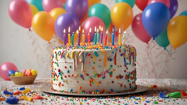 A vibrant birthday cake adorned with colorful candles and sprinkles, surrounded by balloons and confetti, exuding a festive atmosphere.