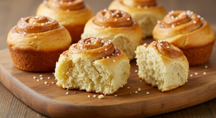 Homemade cinnamon rolls on a wooden board