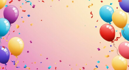 Colorful balloons and confetti creating a cheerful atmosphere against a gradient pink backdrop, perfect for celebrations