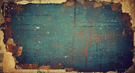 Weathered teal surface with cracked paint, revealing underlying layers and showing signs of age and wear.  Edges are frayed and tattered