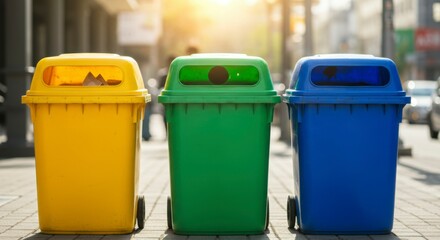 Colorful recycling bins lined up on a city street