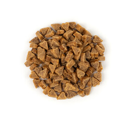 Mini pet food shaped like hearts isolated, small dogs crunchy treats pile, flavored brown dry kibble