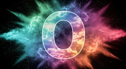 Obraz premium A vibrant, colorful explosion surrounds a white outlined '0', resembling a nebula or cosmic event