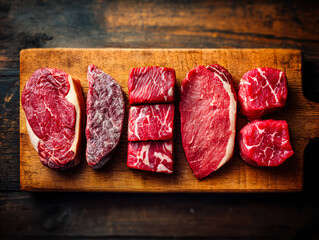 Assorted raw beef cuts on a wooden board for cooking or grilling