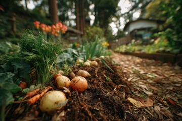 Gardeners gather freshly pulled root vegetables from rich, dark soil amidst blooming flowers and lush foliage, reflecting tranquility