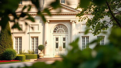 A grand mansion entrance with classical architecture basks in soft daylight.
