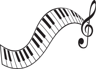 Elegant black and white piano keyboard seamlessly flowing with a musical treble clef symbol