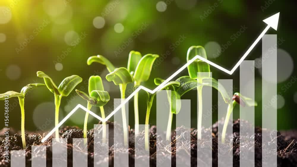 Poster seedlings growth with chart overlay on dark soil in bright sunlight and bokeh background business su