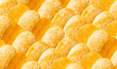 Potato chips stack pattern. Crispy thin potato snack wallpaper, fast food snacks texture