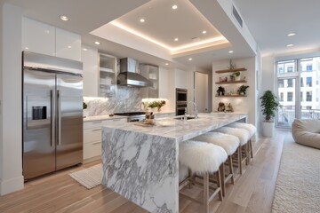 Spacious kitchen features elegant marble surfaces and comfortable seating, creating a welcoming atmosphere for cooking and gathering