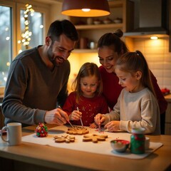 A festive Christmas scene featuring a young family (Caucasian parents and two children) decorating gingerbread cookies at a kitchen counter. The counter is covered with colorful sprinkles, icing tubes