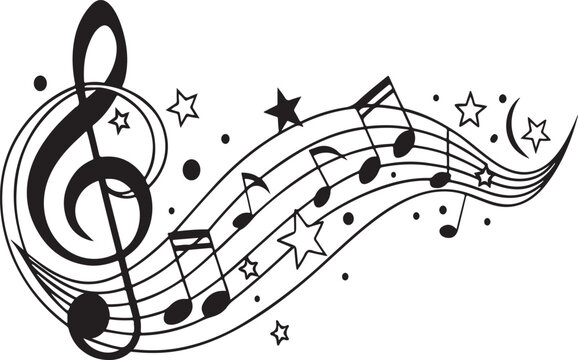 Elegant musical notes treble clef stars and symbols black and white vector illustration