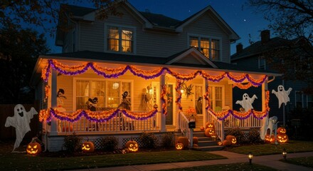 A house is decorated with Halloween ornaments; jack-o'-lanterns, ghosts, and festive garlands adorn the porch
