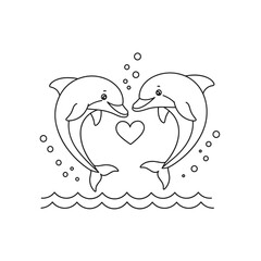 Two cartoon dolphins face each other playfully, forming a heart shape with their bodies, surrounded by bubbles and wavy water lines beneath them