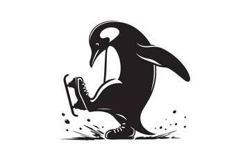  A penguin trying to ice skate but constantly slipping, isolated on a white background