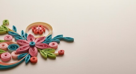 Pastel paper flowers and leaves art, arranged asymmetrically on a neutral background, creating a delicate and elegant design