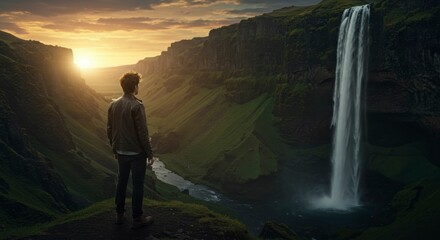 A man stands at the edge, looking at a scenic waterfall flowing down a cliff. The setting sun bathes the area in warm light