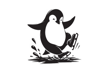  A penguin trying to ice skate but constantly slipping, isolated on a white background