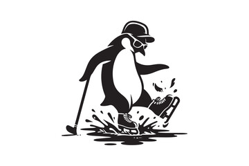  A penguin trying to ice skate but constantly slipping, isolated on a white background