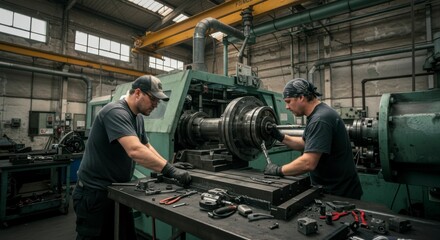 Two workers in a metalworking factory, servicing a large machine